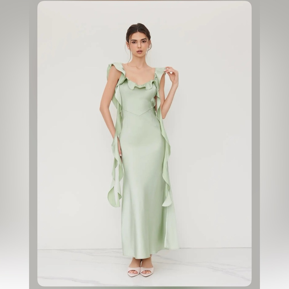 Cider TWO WAY SATIN V-NECK BACKLESS RUFFLE HEM MAXI DRESS S 8-9